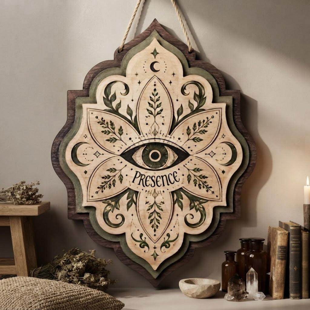 Presence All Seeing Eye Wooden Sign - Mystical Botanical Wall Decor with Moons, Leaves & Celestial Symbols
