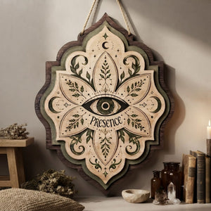 Presence All Seeing Eye Wooden Sign - Mystical Botanical Wall Decor with Moons, Leaves & Celestial Symbols