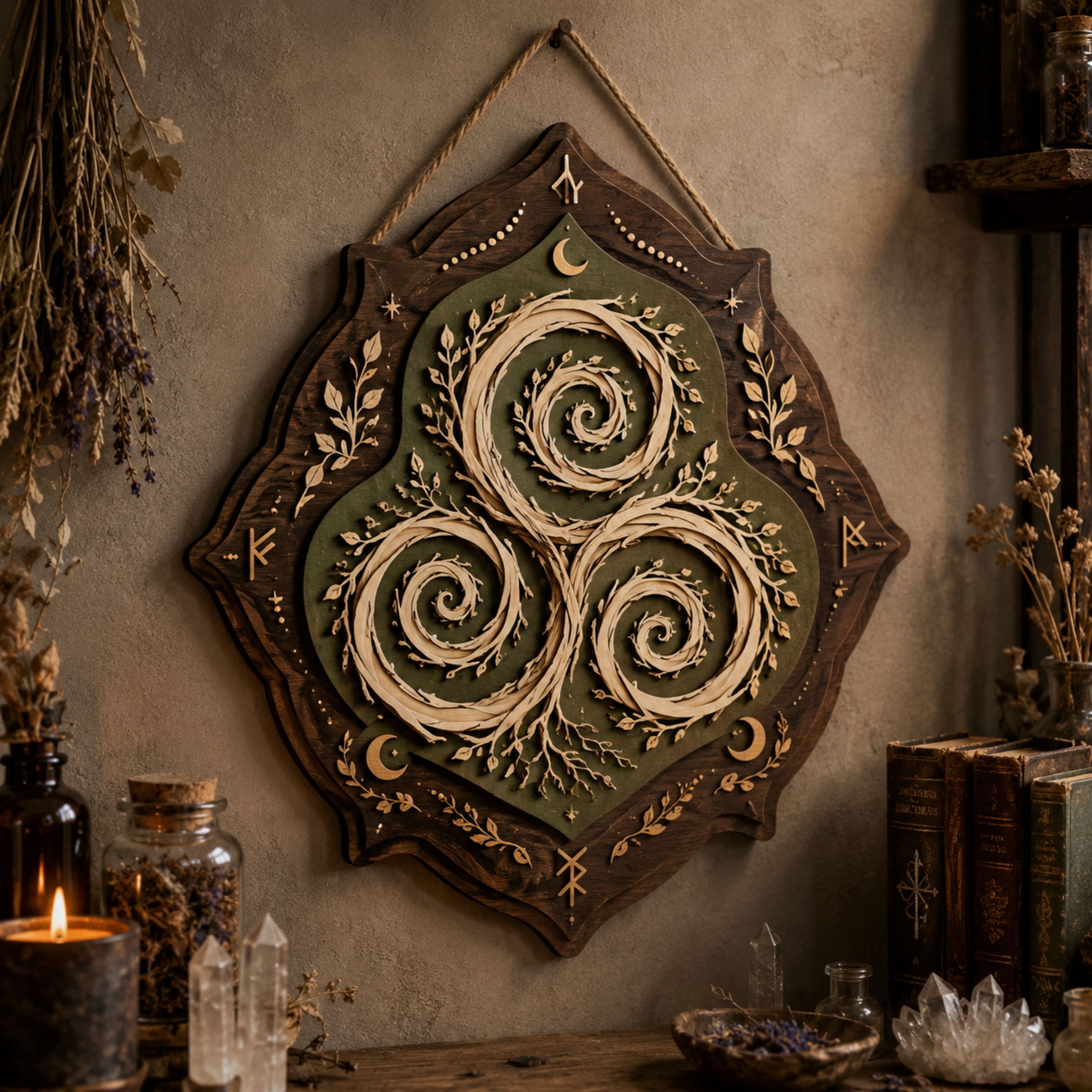 Celtic Triskele Wooden Sign - Mystical Nature Wall Decor with Spiral Vines, Crescent Moons & Runes