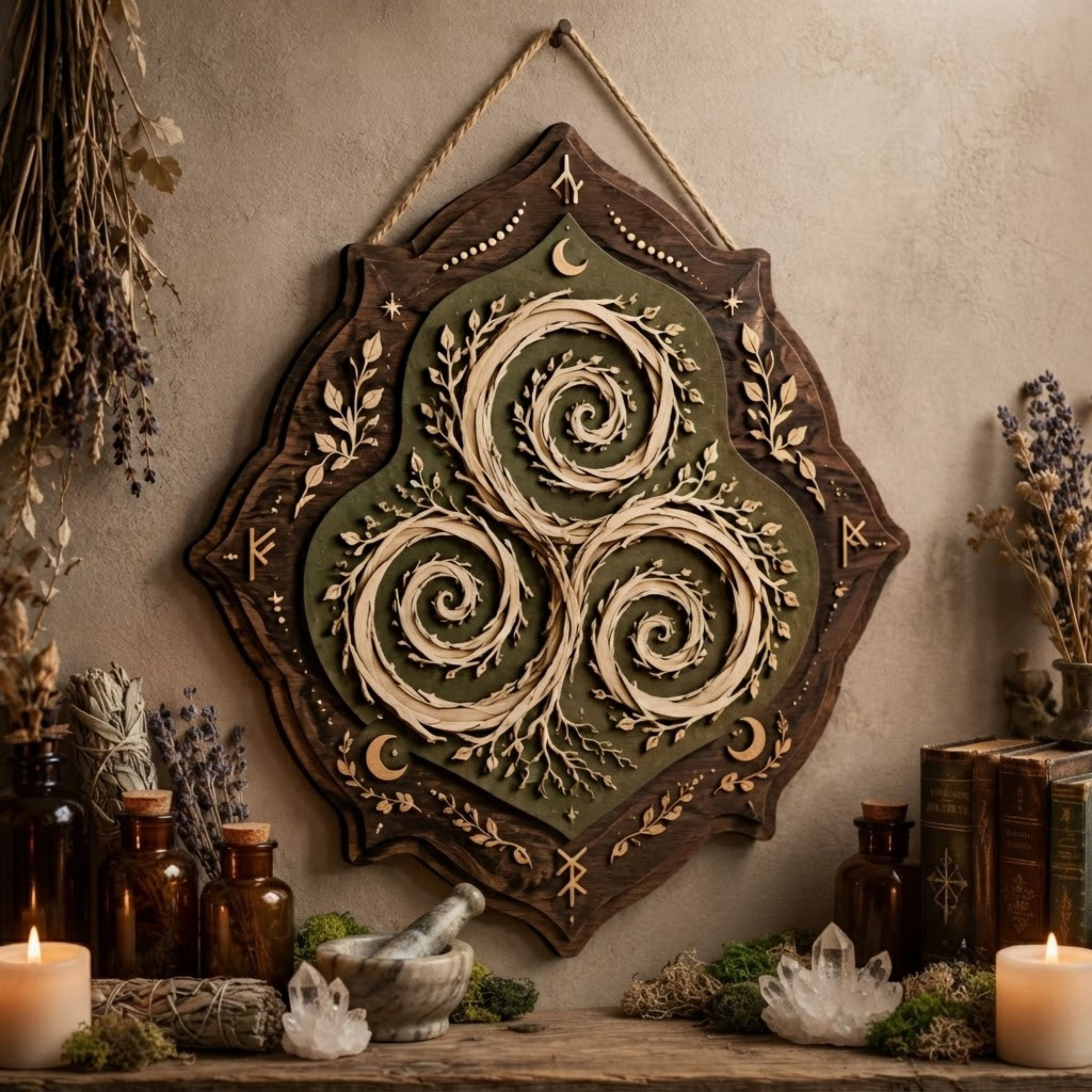 Celtic Triskele Wooden Sign - Mystical Nature Wall Decor with Spiral Vines, Crescent Moons & Runes