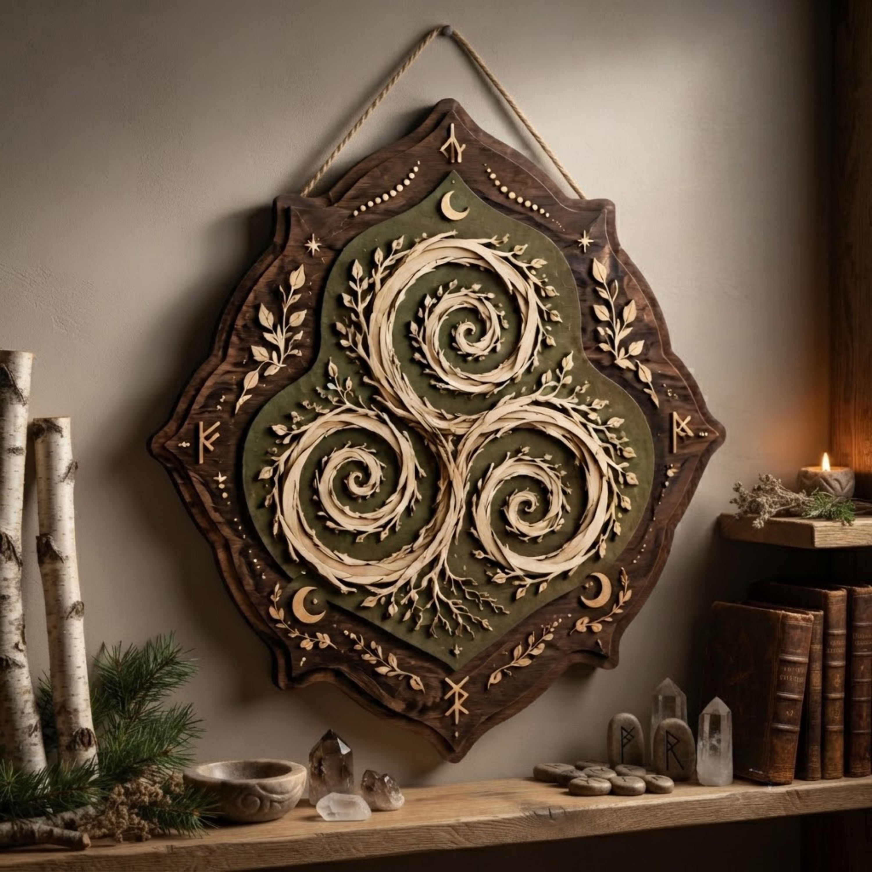 Celtic Triskele Wooden Sign - Mystical Nature Wall Decor with Spiral Vines, Crescent Moons & Runes