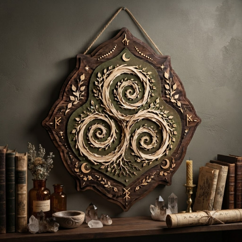 Celtic Triskele Wooden Sign - Mystical Nature Wall Decor with Spiral Vines, Crescent Moons & Runes