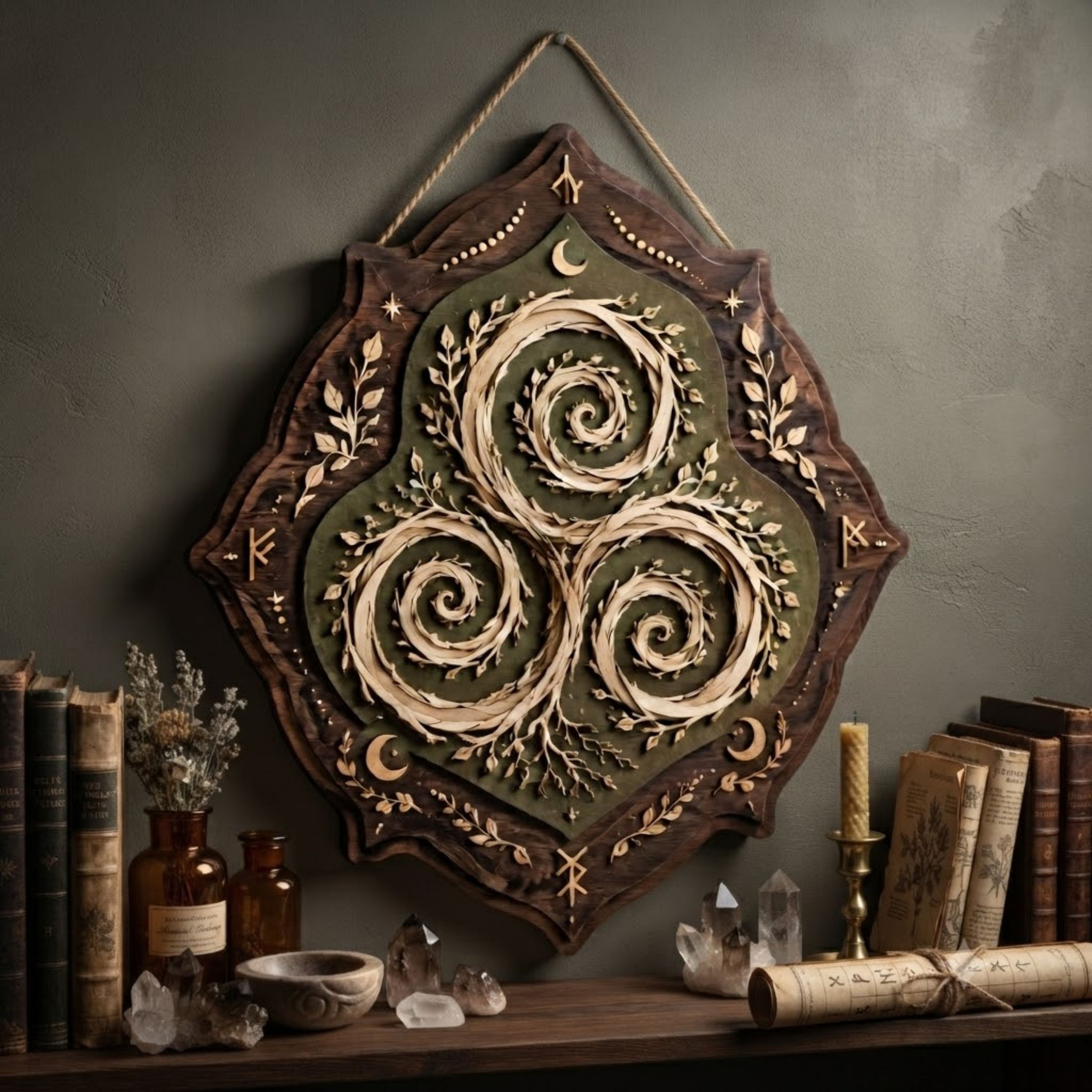 Celtic Triskele Wooden Sign - Mystical Nature Wall Decor with Spiral Vines, Crescent Moons & Runes