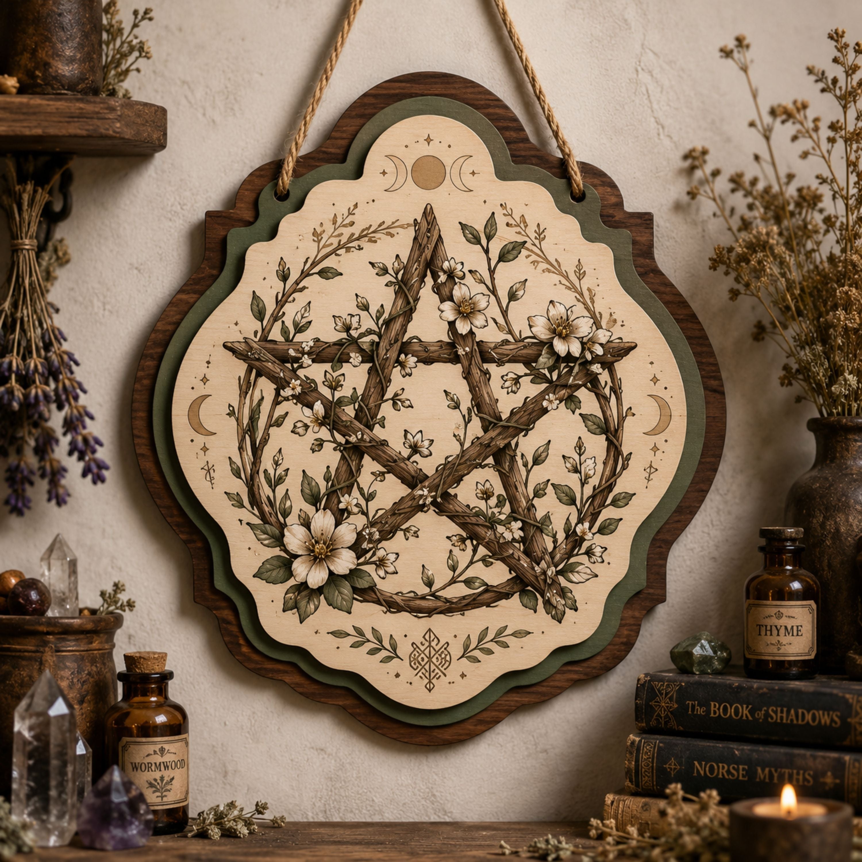 Woodland Floral Pentacle Wooden Sign - Rustic Witchy Wall Decor with Branches, Wildflowers & Triple Moon