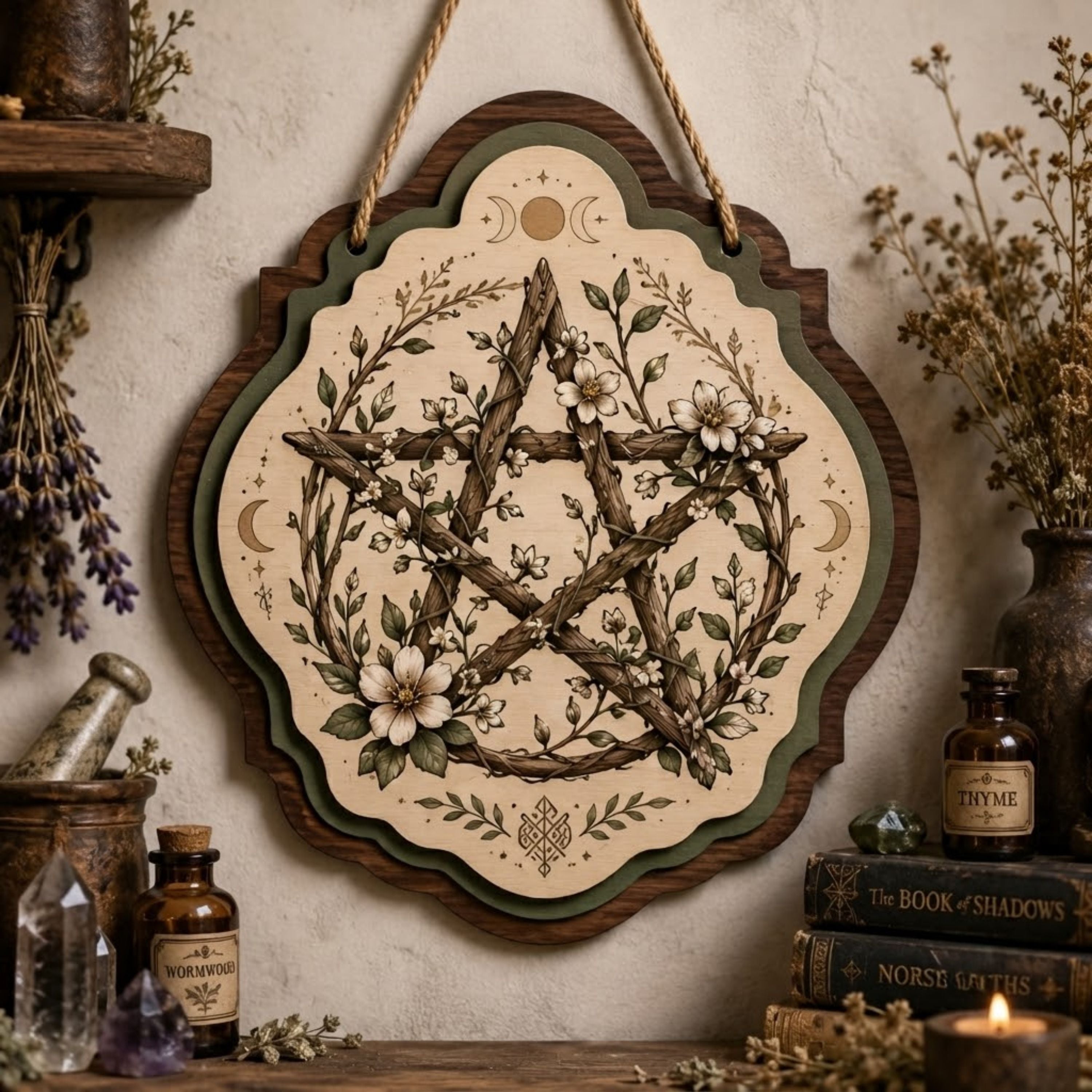Woodland Floral Pentacle Wooden Sign - Rustic Witchy Wall Decor with Branches, Wildflowers & Triple Moon