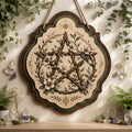 Woodland Floral Pentacle Wooden Sign - Rustic Witchy Wall Decor with Branches, Wildflowers & Triple Moon