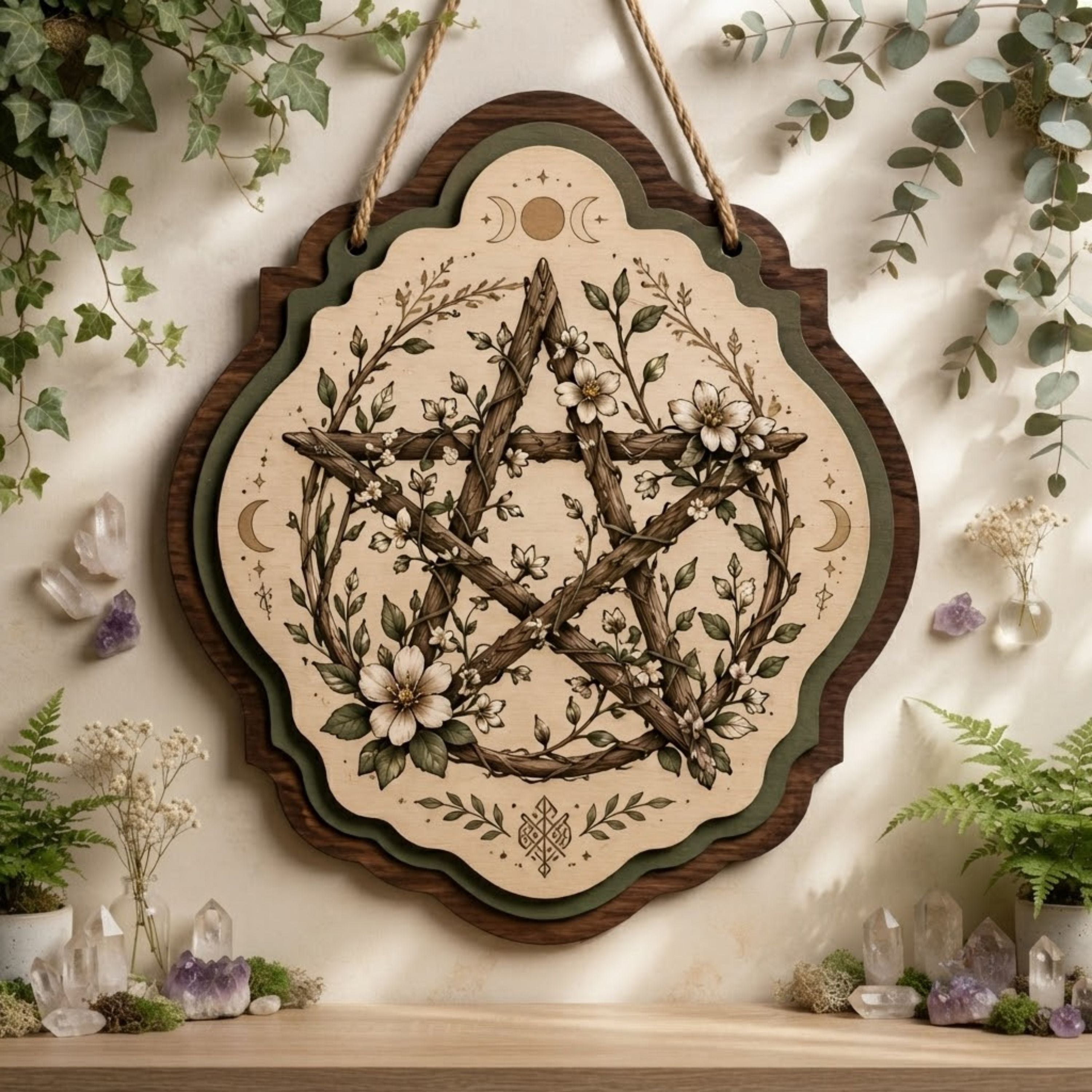 Woodland Floral Pentacle Wooden Sign - Rustic Witchy Wall Decor with Branches, Wildflowers & Triple Moon