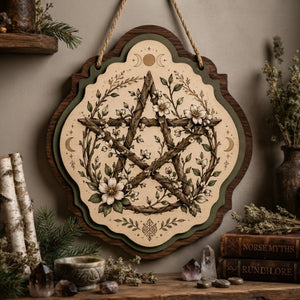 Woodland Floral Pentacle Wooden Sign - Rustic Witchy Wall Decor with Branches, Wildflowers & Triple Moon