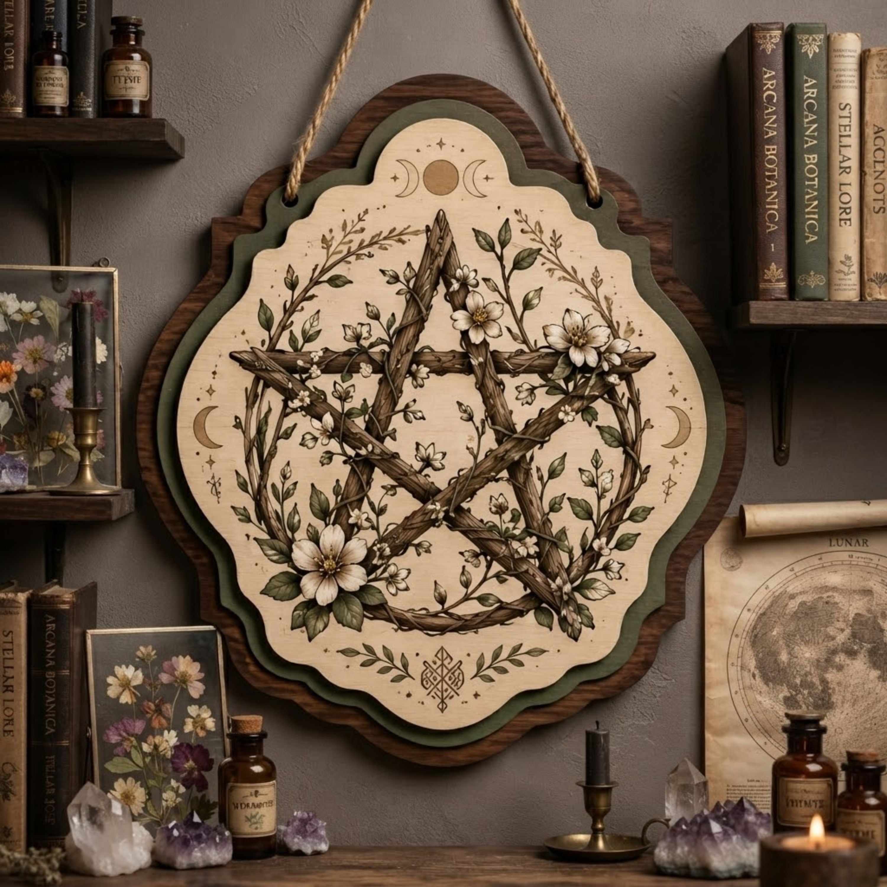 Woodland Floral Pentacle Wooden Sign - Rustic Witchy Wall Decor with Branches, Wildflowers & Triple Moon